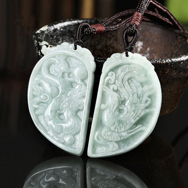 Pair of Carved Burma Jade Dragon and Phoenix Split Heart Pendants on Braided Cord Necklaces