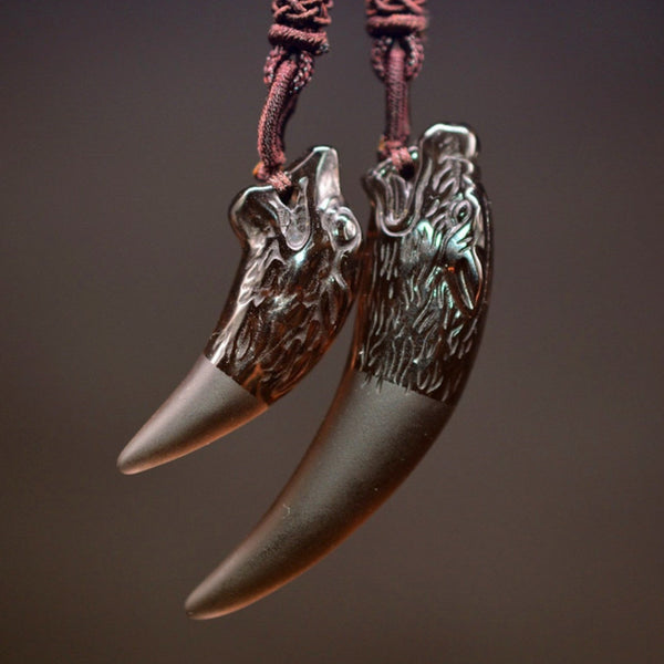 Carved Ice Obsidian Wolf Fang Pendants on Braided Cord - Shelly Crag Imports