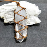 White Quartz Natural Crystal Point Reiki Stone Pendant on Braided Waxed Cord