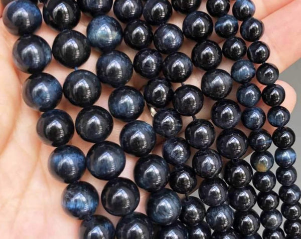 Black to Dark Blue Hawk Eye Round Polished Stone Beads