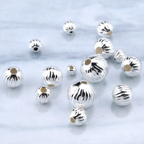 Sterling Silver Round Spacer Beads, Silicone Lined, Corrugated Pattern, 5 ea.