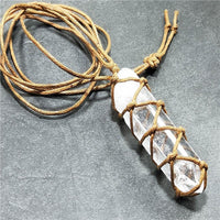 White Quartz Natural Crystal Point Reiki Stone Pendant on Braided Waxed Cord