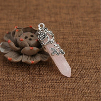 Rose Quartz Crystal Point Chakra Pendant in Floral Silver Toned Setting