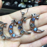 925 Sterling Silver and Labradorite Cabochons Crescent Moon Pendant