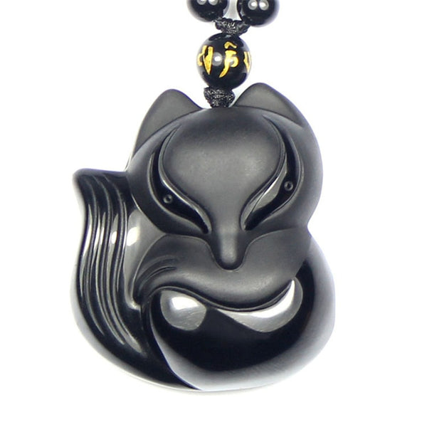 Black Carved Obsidian Clever Fox Pendant